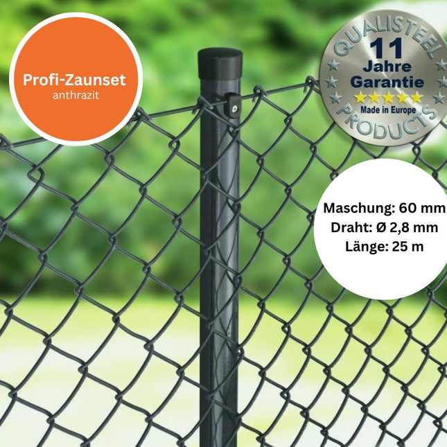 Profi-Zaunset Rundpfosten Maschendraht 25m anthrazit 60 x 60 x 2,8 mm