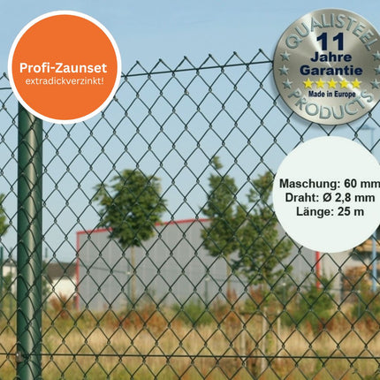 Profi-Zaunset Rundpfosten Maschendraht 25m grün 60 x 60 x 2,8 mm