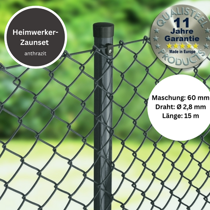 Heimwerker Zaunset Rundpfosten Maschendraht 15m anthrazit 60 x 60 x 2,8 mm