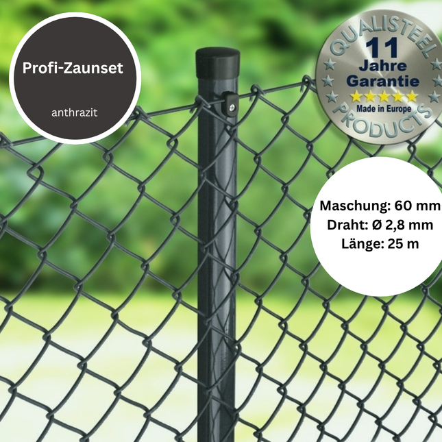 Profi-Zaunset Rundpfosten Maschendraht 25m anthrazit 60 x 60 x 2,8 mm