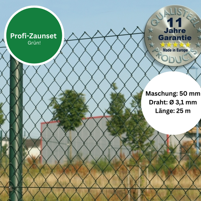Profi-Zaunset Rundpfosten Maschendraht 25m grün 50 x 50 x 3,1 mm